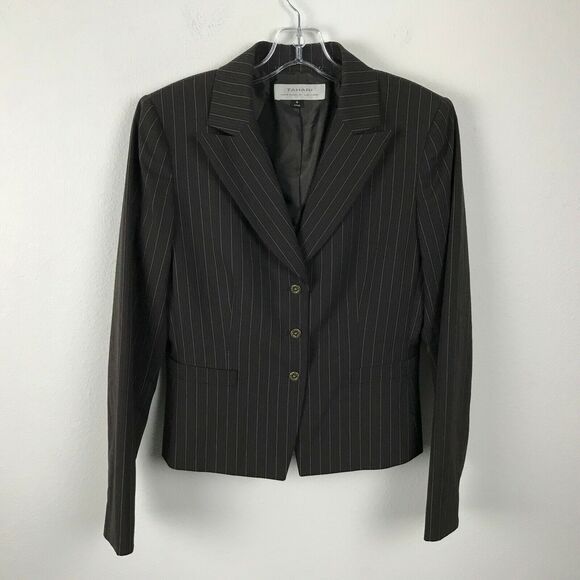 Tahari Arthur S. Levine Womens Brown Pinstripe 3-Button Blazer Stretch Size 8 - Picture 1 of 7
